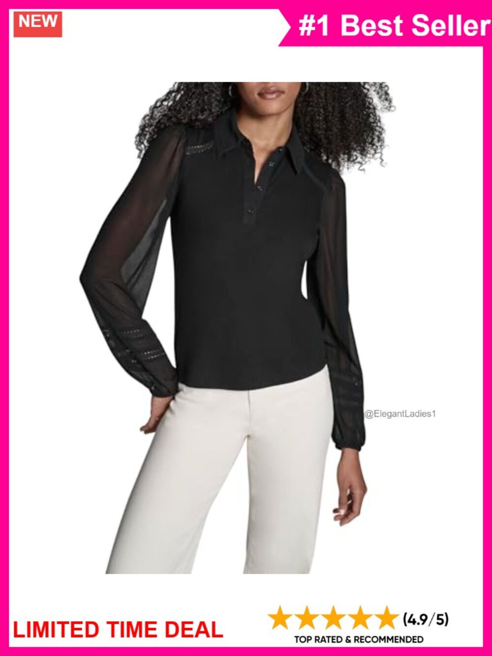 BCBG Collared Blouse Long Sheer Lace Sleeves Button Down Top
